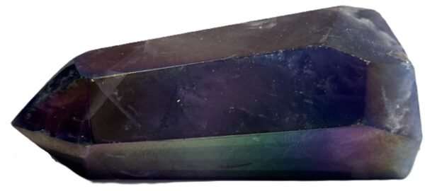 Standing rainbow amethyst aura polished crystal point 13 sians emporium Polished rainbow amethyst aura quartz generator point showing iridescent green violet and gold metallic sheen over natural chevron banding